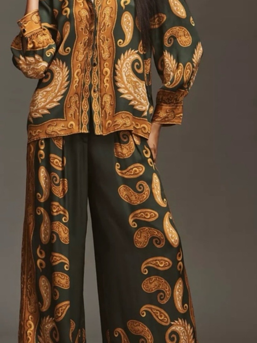 FARM Rio Olive Green Wide-Leg Pants with Golden Paisley Print Size Small NWT